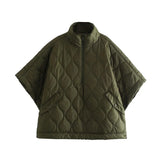 Toloer Half Zipper Loose Waterproof Cloak Type Cotton Coat Female Half Sleeve Diamond Lattice Wire Padded Coat-Outfit