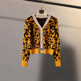 2021 New Leopard Pattern Cardigans Women Vintage V Neck Long Sleeve OL Knitted Cardigan Autumn Korean