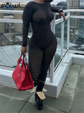 Summer Sexy Solid One Piece Yoga Jumpsuits For Women 2023 O Neck Long Sleeve Backless Mesh Hooded Knit Jumpsuit