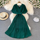 summer new V neck short sleeved dress over the knee slim temperament waist tie big swing pleated Solid Color High