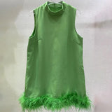 TWOTWINSTYLE Casual Patchwork Feather Hem Dress For Women Round Neck Sleeveless Solid Minimalist Mini Dresses Female Clothes