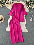 Women Summer Knitted Sets Fashion O Neck Split Top+ Wide Legs Long Skirt Sets Ladies High Street Loose Two Piece