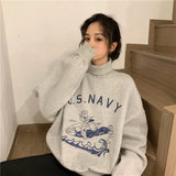 Women Fall/Winter Harajuku Punk Style Oversized Lazy Cartoon Letters Plus Velvet Turtleneck Pullover Women