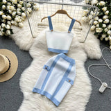 Knitted Fashion Striped Women Sets Summer 2022 Slash Neck Korean Style Elastic Waist Ladies Mini Skirt Two Piece