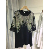 Women Tops Sequin Print Tees Round Neck Half Sleeve Loose Casual Regular Splice T Shirts Simple Hot Drilling Mid Length Top-Outfit