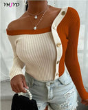 Stripe Women Sweater Sexy Slim Fit Stitching Button Long Sleeve Pullover Multicolor Crew Neck Knitwear Plus Size