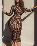 Leopard Print Long Sleeve Bodycon Dress Women Slim Fit Sexy Stretchy