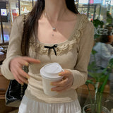 Lace Collar Bow Tie Bottom Shirt Women's New Spring Blouse Design Sense Minority Wear Long-Sleeved T-Shirt-Outfit