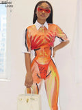 Sisterlinda Aesthetic Print Casual Women Two Piece Set Half Sleeve Crop Top+High Waist Leggings Skinny Stretchy Clubwear