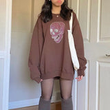 Autumn Brown Oversized Crewneck Sweatshirt Skull Crystal Print Casual Loose Sweetshirts Womens Y2K Hoodie