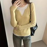 Ins Color Splicing Fake Two Long-Sleeved Tops Women's New Minority Autumn And Winter Knitted Bottomed Sweaters-Outfit