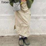 Fashion Low Waist Solid Long Skirt Y2k Women High Waist Retro Ruched Cargo Skirts Long Slit Tech Outfits