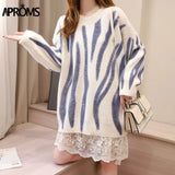 Aproms Elegant Green Striped Print Oversized Pullovers Women Winter O-Neck Loose Long Sweaters Streetwear Warm Outerwear