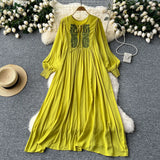 Industry Embroidery Loose Holiday Dress Women Large Size Show Lean Meat Sweet Tie With Round Lantern Sleeve