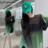 T Shirt Women Sexy Hollow Out Thin Gradient Oversized Tops Fashion See Throught Summer Tshirts Backless Y2k