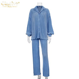 Causal Loose Home Suit Autumn Long Sleeve Blouse With High Wasit Pants Set Women Elegant Pleated Beige 2 Piece Pant