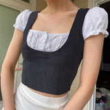 y2k Trim Button Crop Top Short Sleeve Knitted T Shirt Prepply Cute Square Collar Pullovers Women Summer Korean Tee