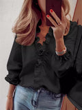 Spring And Summer New Solid Color Long-Sleeved Lotus Leaf-Side Shirt Women's