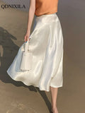 Summer New Women's Skirts Fashion Elegant Acetic Acid Fabric Midi Length High Waist Streetwear Satin Thin White Woman