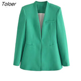 ZBZA 2023 Woman Vintage Green Yellow Loose Blazer Women Spring Elegant Female Streetwear Solid Blazer Women