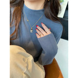 Collar Bottom Shirt Femininity In Autumn And Winter New Wool Long-Sleeved Knitted Shirt Solid Black