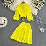 Temperament V-Neck Hollow Embroidered Lantern Sleeve Short Shirt Women Two Sets Hit High Waist Thin Word Half