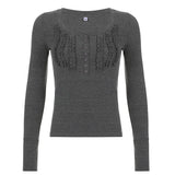 y2k Grey Frill Crop Top Cute Retro Button T Shirt Harajuku Solid Casual Basic Tee Slim Women Grunge Fairycore