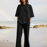 Celmia Fashion Women 2pcs Sets 2022 Summer Casual Loose Holiday Pocket Belted Set Half Sleeve O-neck Top and Wide Leg Pant