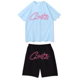 Devil Island Rose Red Letter Printed Short-Sleeved T-Shirt Casual Shorts Set For Men And Women-Outfit