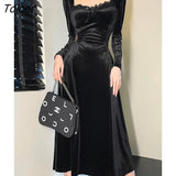 Sexy Velvet Dress Elegant Square Collar Women Bow Long Sleeve Bodycon Punk Rave Party Clubwear Aesthetic