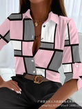 Women Turn Down Collar Shirt Coats Print Plaid Full Sleeve Single Breasted Regular Splice Ladies Autumn Casual Loose Shirts-Outfit