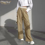Winter Khaki Women Pants 2022 Fashion Loose High Waist Full Length Cargo Pants Elegant Patching Straight Trousers