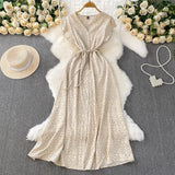 Red Dot V-Neck Women's Short-Sleeved Dress Summer Single Buckle Tie With Thin A-Word Mid-Long