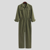 Men Jumpsuit Long Sleeve Solid Pockets Button Cargo Overalls Streetwear Elastic Waist Chic Mens Rompers Pants