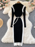 Panelled Sweater Dress 2022 Women Stand Neck Long Sleeve Senior Fashion Pearl Belt Slim Party Midi Long Knitte