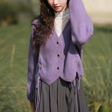 Left Bank Lazy Purple V-Neck Knitted Cardigan Blouse 2024 Autumn And Winter New Small Sweater Coat-Outfit