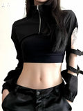 Out Techwear Fashion Cargo Cardigans Cyber Gothic Zip Up Sexy Crop Jackets Y2k Punk Turtleneck Streetwear Tops-Outfit