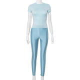 Women's Simple Solid Color Round Collar Short-Sleeved T-Shirt Tight Trousers Two