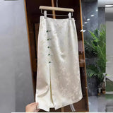 Temperament High-End New Chinese Style Disc Buckle Acetic Acid Jacquard Forked Skirt Women's French Style In The Early Spring Of 2024-Outfit
