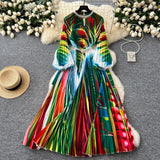 Elegant Dress Women Fashion Nail Ball Collar Hollow Pressure Folding Lantern Sleeves To Print Long