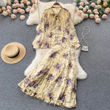 Women Summer Print Temperament Set 2022 Summer Long Sleeves Bow Single Breasted Tops Ladies Long Skirt Two Piece