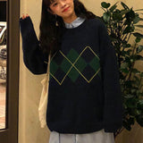 Oversized Sweater Dress Argyle Women Long Sleeve Pullover Round Neck Knitted Sweater Casual Knit Mini Sexy Party
