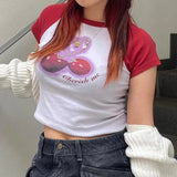 Cool Girl Cherry Print Hit Color Shoulder Insert Short-Sleeved Round-Neck T-Shirt 2024 Spring / Summer New Spice Girl Blouse-Outfit