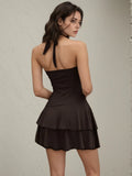 Style Retro Embroidery Patterned Waist Dress Sexy Deep V-Neck Hanging Neck High-Waisted Lotus Leaf Side