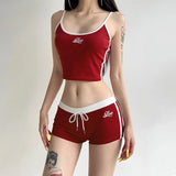 Girls' Letter Printing, Color Bag Edge, Small Sling Vest, Low-Waist Rope-Lace Shorts, Two-Piece Sports Suit-Outfit