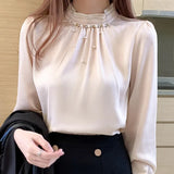 Long Sleeve Blouse Women Blusas Mujer De Moda 2021 Beading Stand Collar Chiffon Blouse Shirt Women Tops Blusas