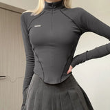 Fashionable Women's Wear Ins Street Fashion Spicy Girl Style Invisible Zipper Collar Line T-Shirt-Outfit