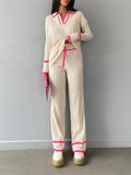 Color Knitted Trousers Suits Lape Knit Pullovers And Drawstring Pants Women 2 Piece Set Female Elegant Casual
