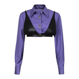 Straight Shirt For Women Lapel Long Sleeve Patchwork Fake Two Piece Colorblock Button Through Blouse Female