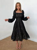 Jacquard Black A-Line Dress Spring 2023 Women Lantern Sleeve Flowing Midi Dress Elegant Lady Chic Long Dress